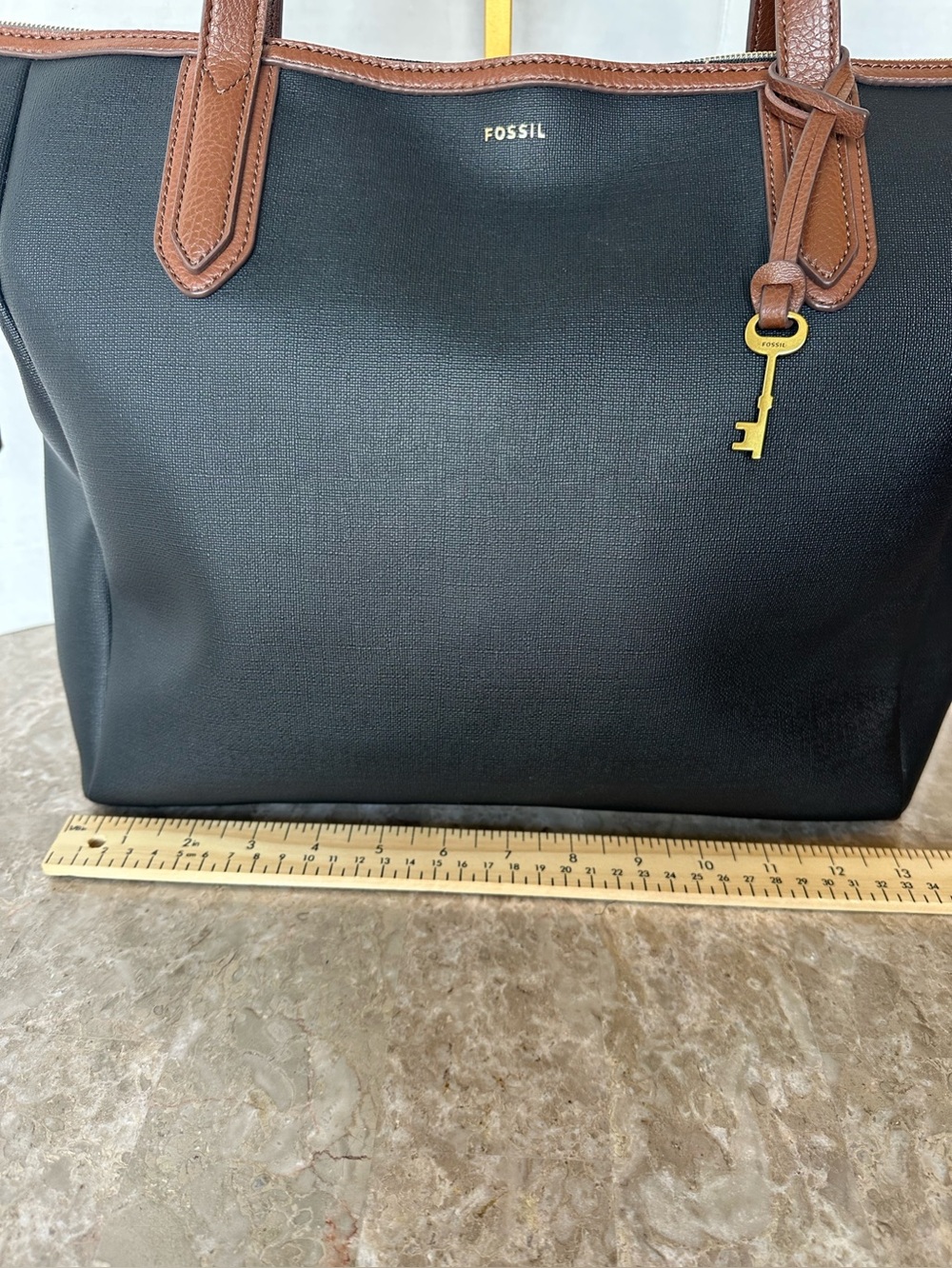 Fossil Black Tote Bag Brown Trim Key Charm Large Shoulder Handbag Classic Purse - Picture 11 of 15